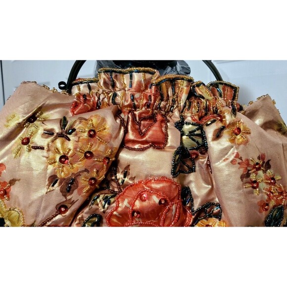 Vintage IN'S Gold Beaded Purse Small Clutch Evening bag Brass Handles Floral EUC - Picture 2 of 8